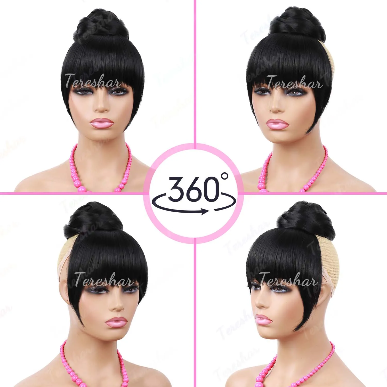 Synthetic Hair Braided Bang & Bun, Black Quick Chignon Bun with Bangs Clip in Hair Piece Fringe Clip on Hair Bun Hair Extension thumbnail 2