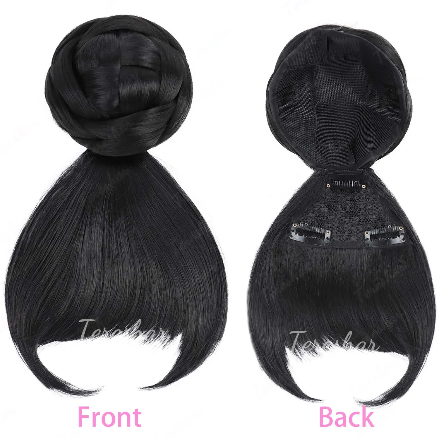 Synthetic Hair Braided Bang & Bun, Black Quick Chignon Bun with Bangs Clip in Hair Piece Fringe Clip on Hair Bun Hair Extension thumbnail 4