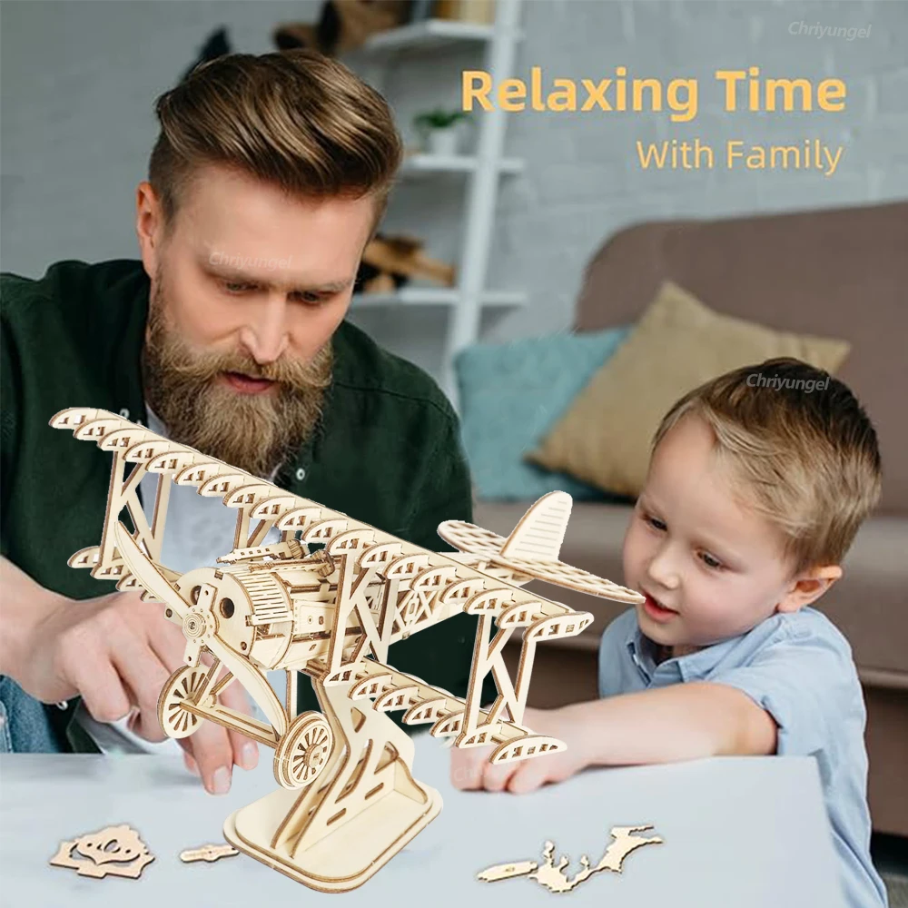 3D Wooden Puzzle Aircraft Model Kit DIY Assembly Bi-Plane Building Kits Home Decor Crafts Gift for Adults Kids Teen thumbnail 3
