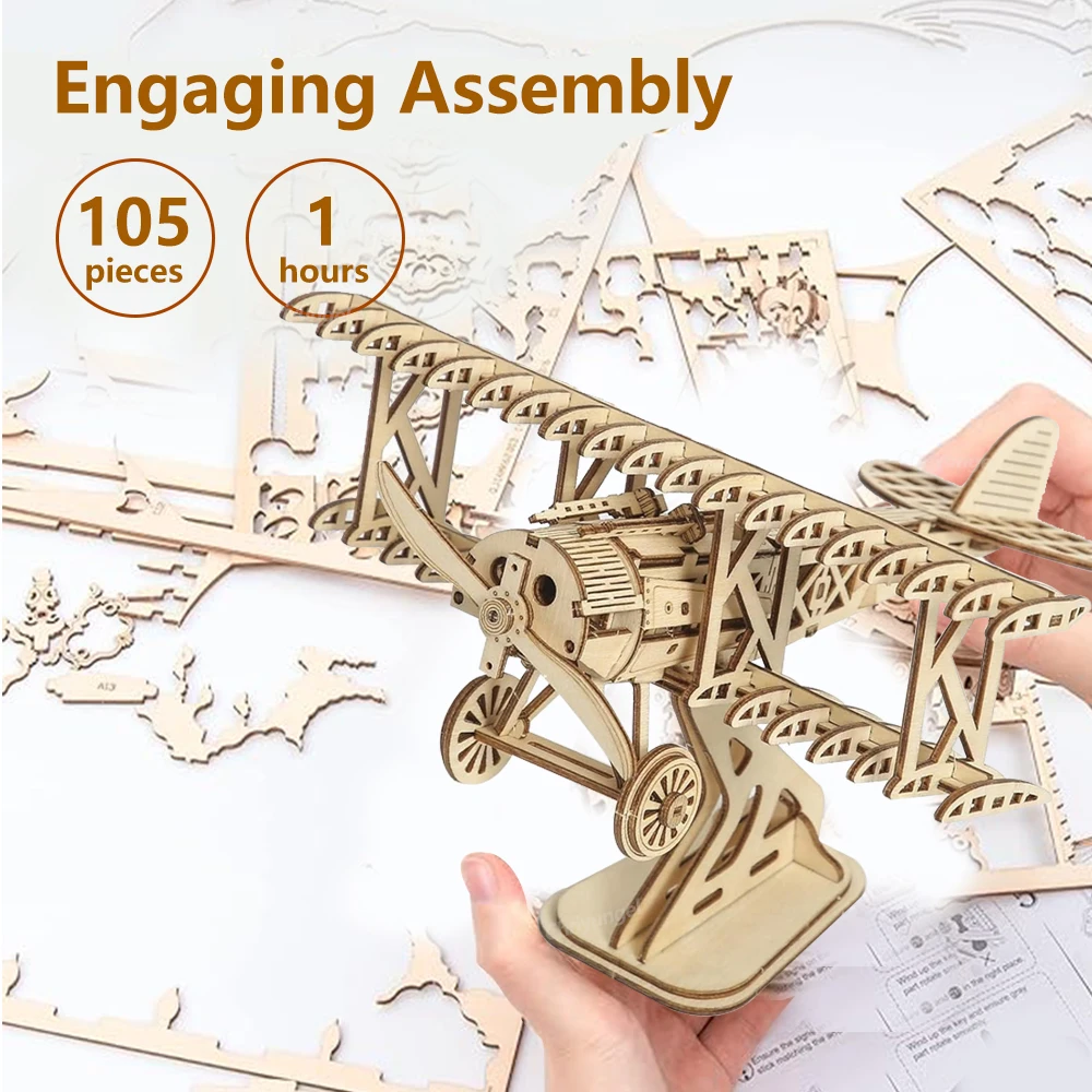 3D Wooden Puzzle Aircraft Model Kit DIY Assembly Bi-Plane Building Kits Home Decor Crafts Gift for Adults Kids Teen thumbnail 4