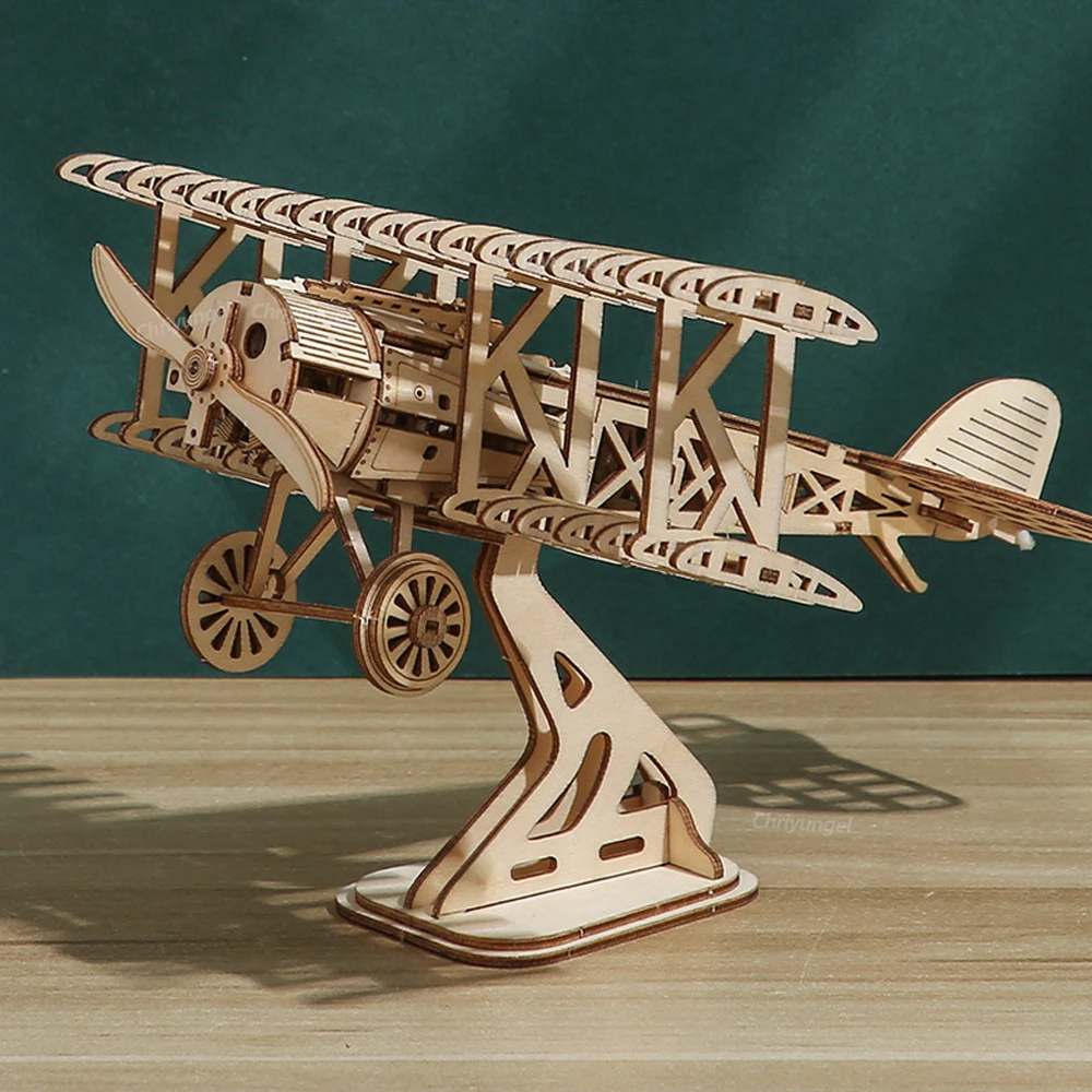 3D Wooden Puzzle Aircraft Model Kit DIY Assembly Bi-Plane Building Kits Home Decor Crafts Gift for Adults Kids Teen thumbnail 2