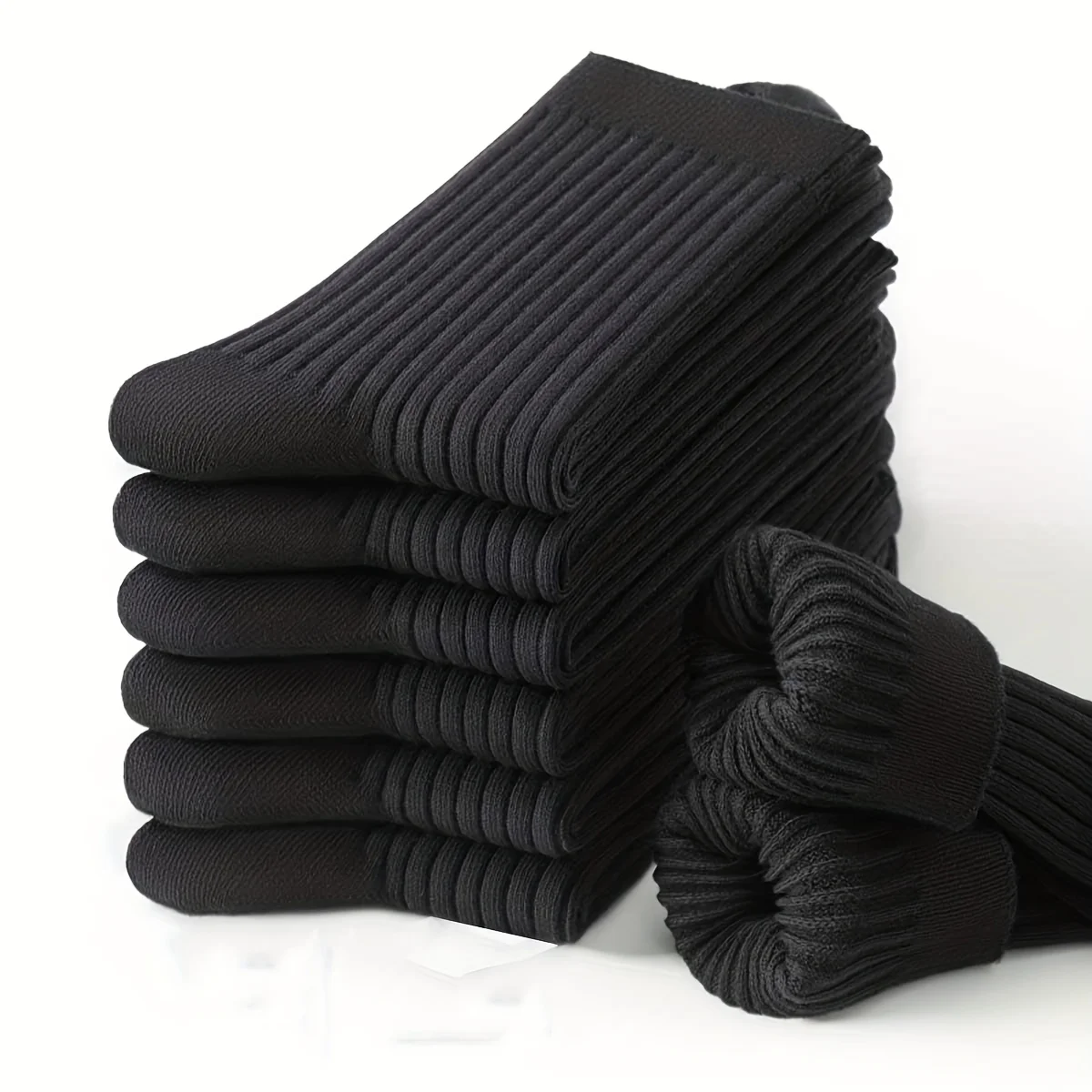 6 Pairs of Men's Pure Color Vertical Pattern Mid-Calf Socks, Versatile Black Socks for Business All Seasons, Breathable