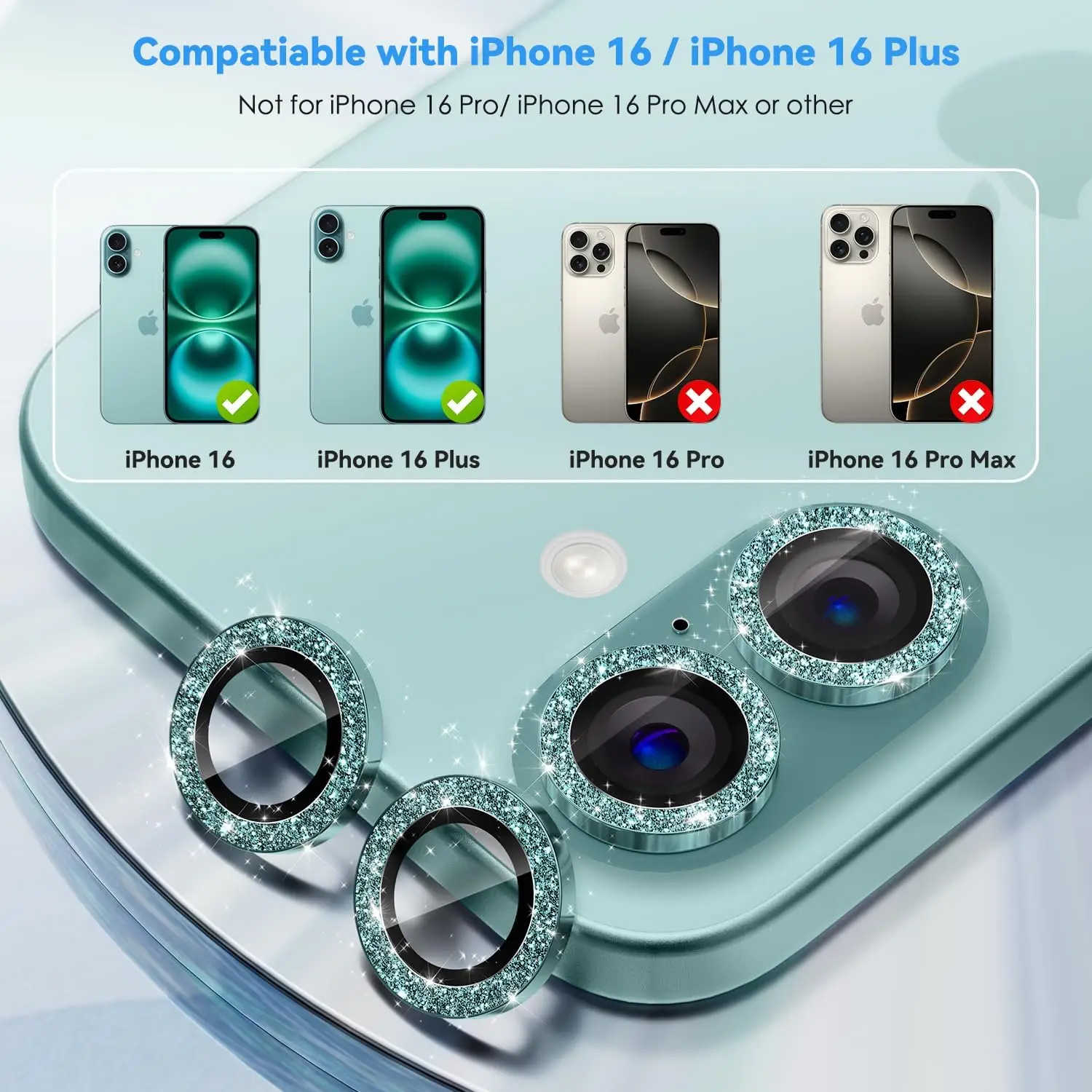 For IPhone 16 17/iPhone 16 Plus Camera Lens Protector Bling, [Glitter Decoration] Ultra-HD Tempered Glass Cover, Metal thumbnail 2