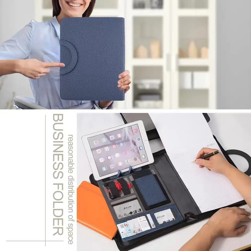 Leather Multifunctional A4 Conference Folder - Business Stationery Contract File Organizer with Zipper And Card Holder thumbnail 3