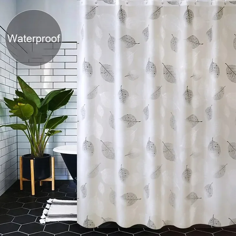 Bathroom Shower Curtains PEVA Waterproof Thickening Bath Curtain With Hooks Rustproof Metal Grommets Leaf Pattern Shower Curtain thumbnail 2