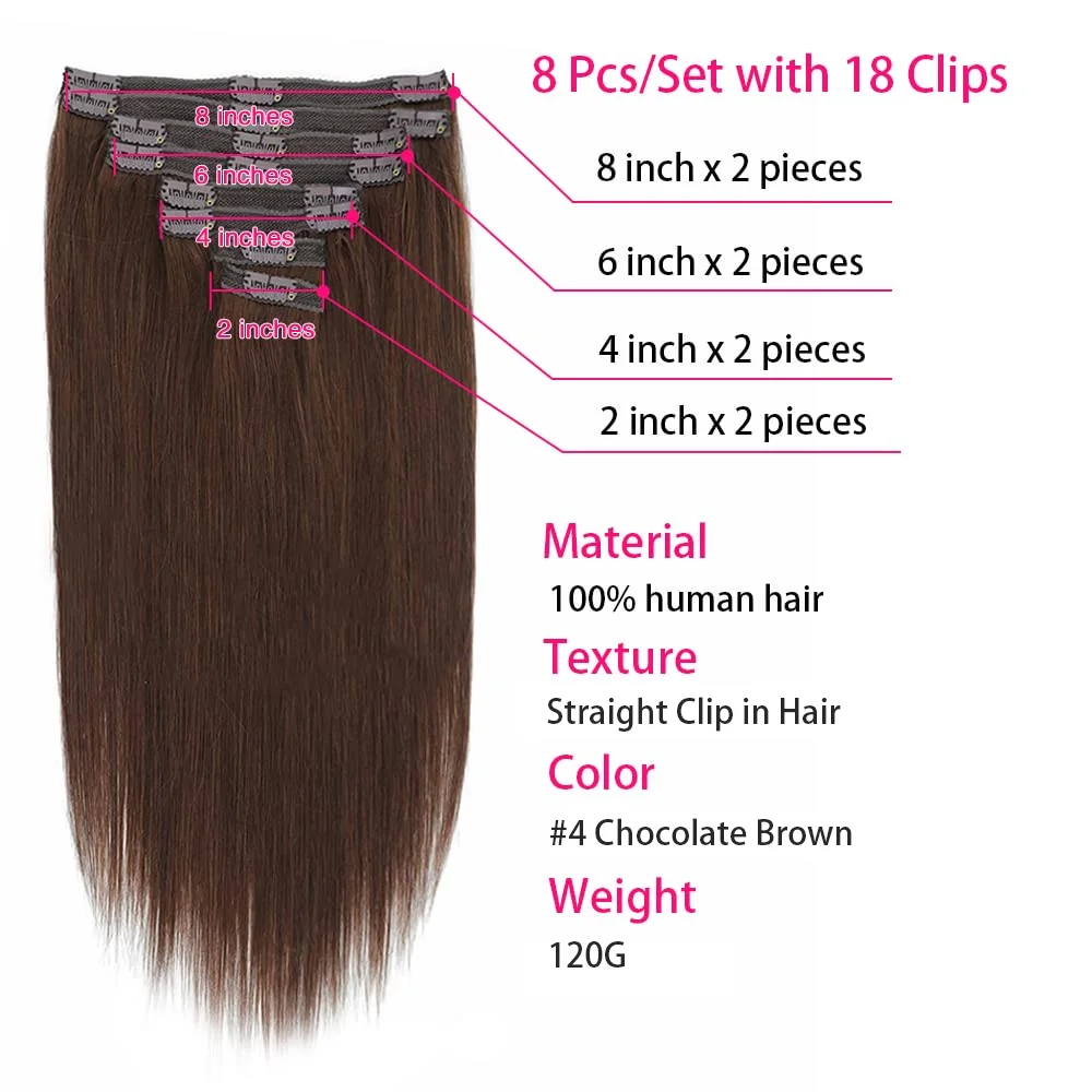 Clip in Hair Extensions Real Human Hair Straight 100% Brazilian Remy Human Hair Clip on Chocolate Brown 10-26 inch For Women thumbnail 2