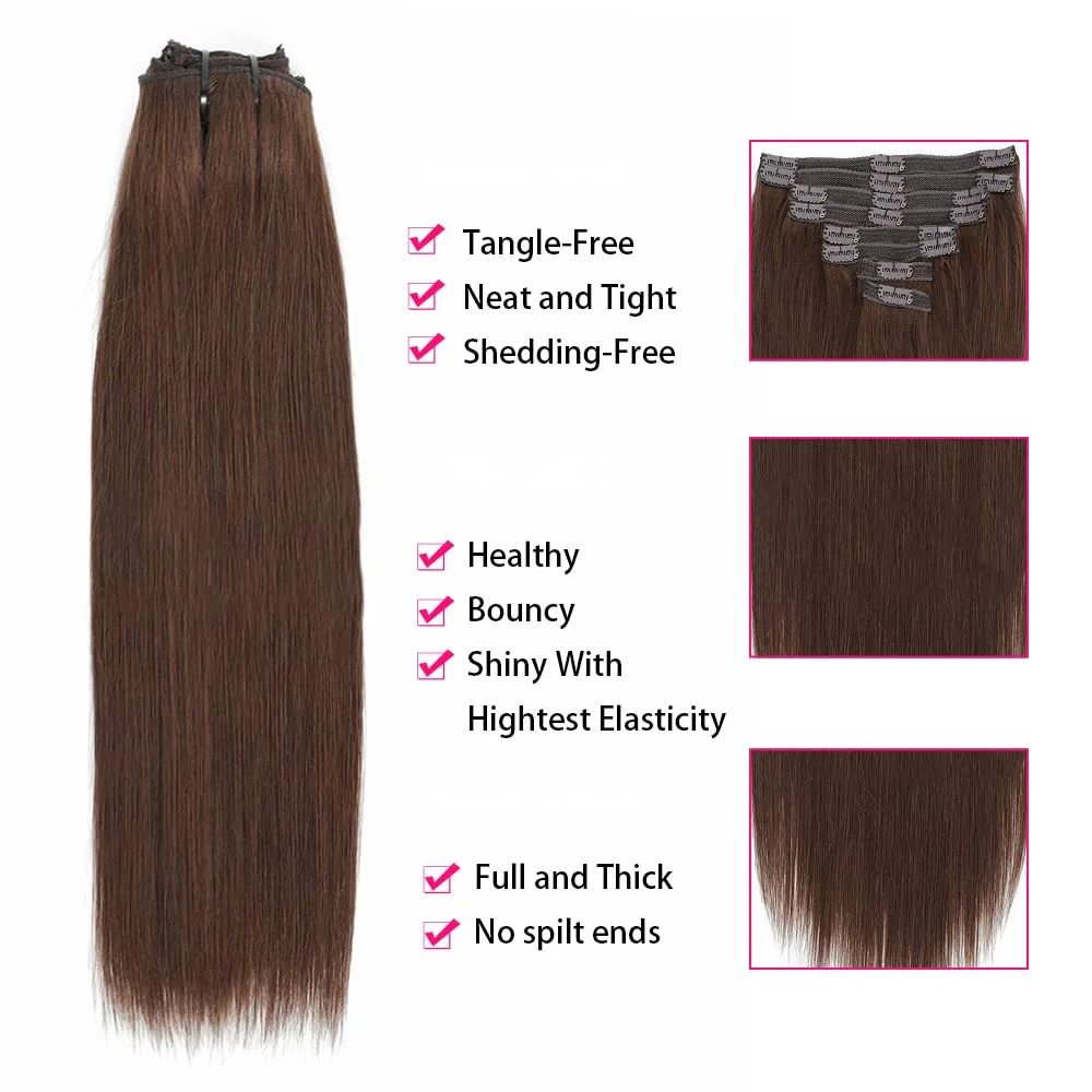 Clip in Hair Extensions Real Human Hair Straight 100% Brazilian Remy Human Hair Clip on Chocolate Brown 10-26 inch For Women thumbnail 4