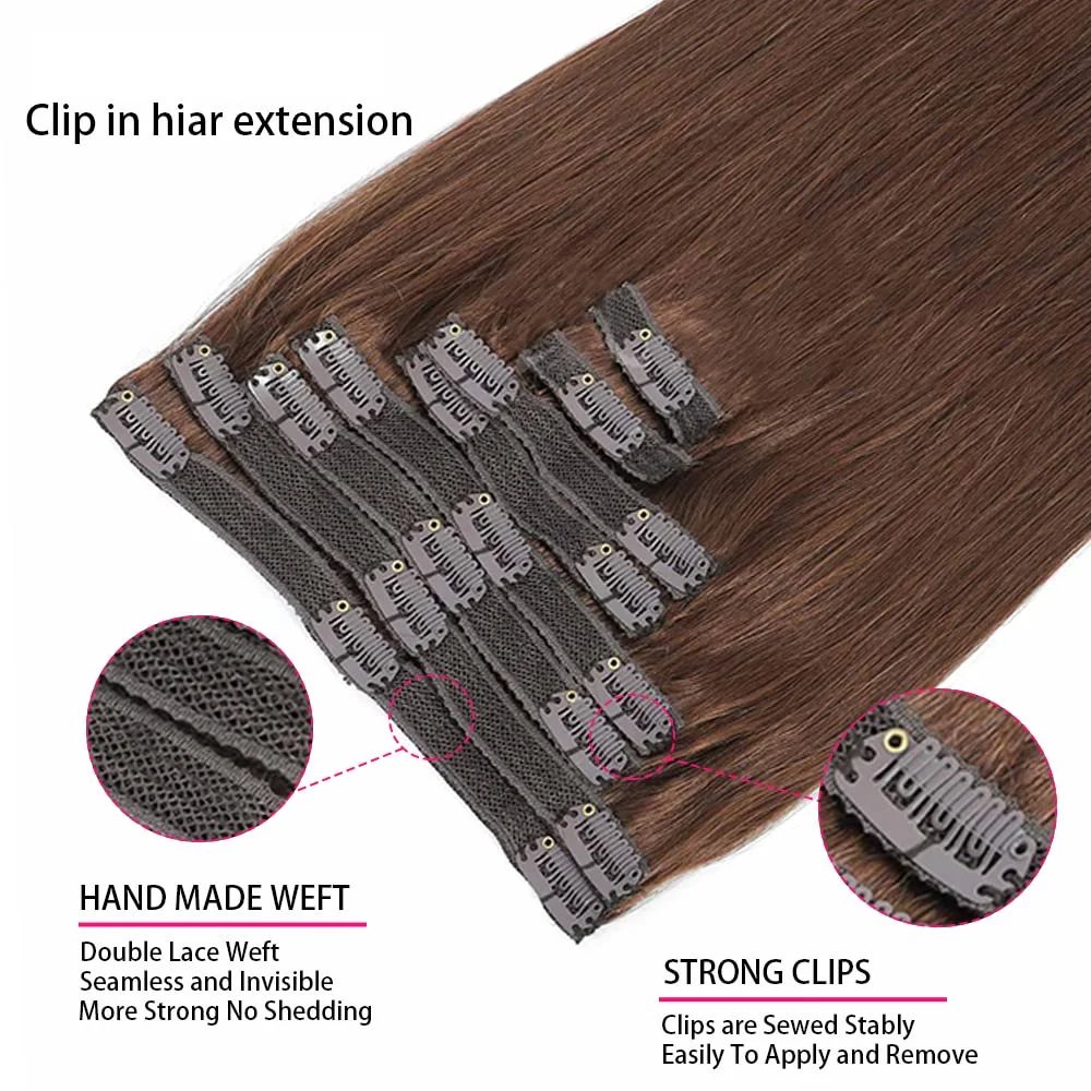 Clip in Hair Extensions Real Human Hair Straight 100% Brazilian Remy Human Hair Clip on Chocolate Brown 10-26 inch For Women thumbnail 3