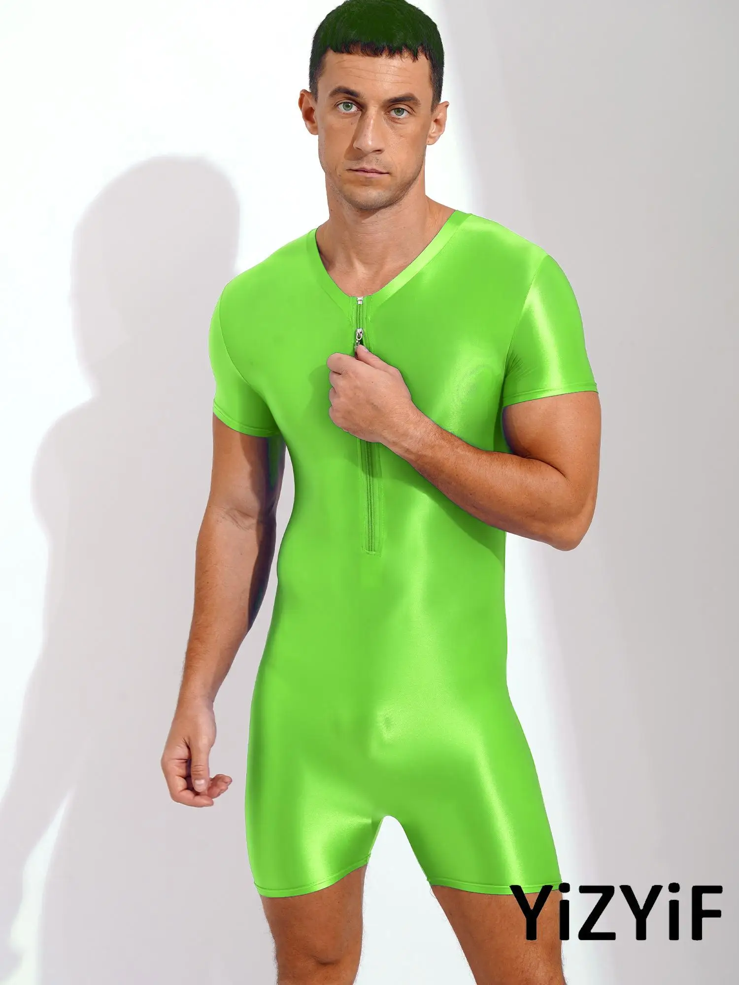 Men Glossy Stretchy Bodysuit Wrestling Singlet Swimwear Bodybuilding Bottoms Shorty Jumpsuit Zipper Swimsuit Bathing Suit