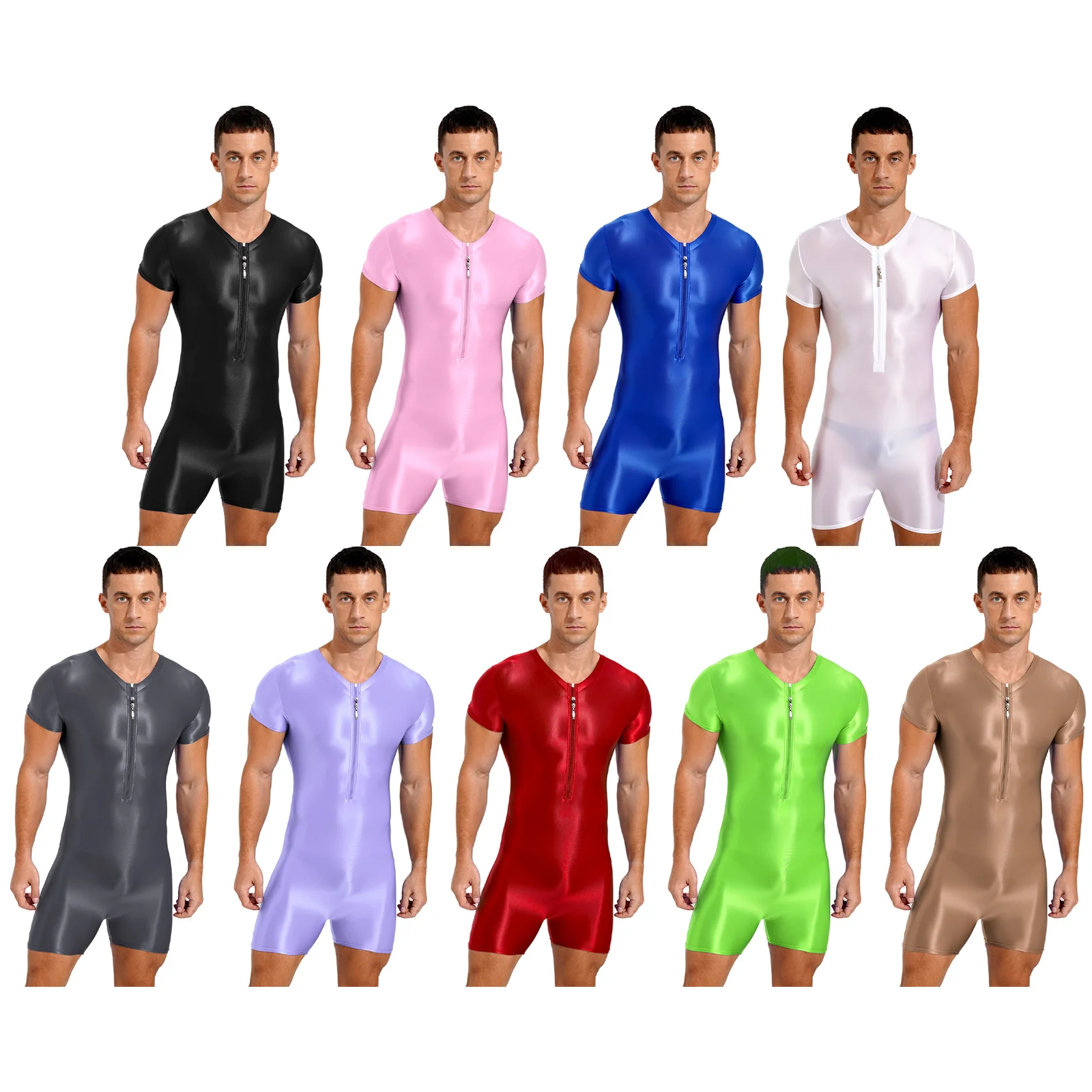 Men Glossy Stretchy Bodysuit Wrestling Singlet Swimwear Bodybuilding Bottoms Shorty Jumpsuit Zipper Swimsuit Bathing Suit thumbnail 6