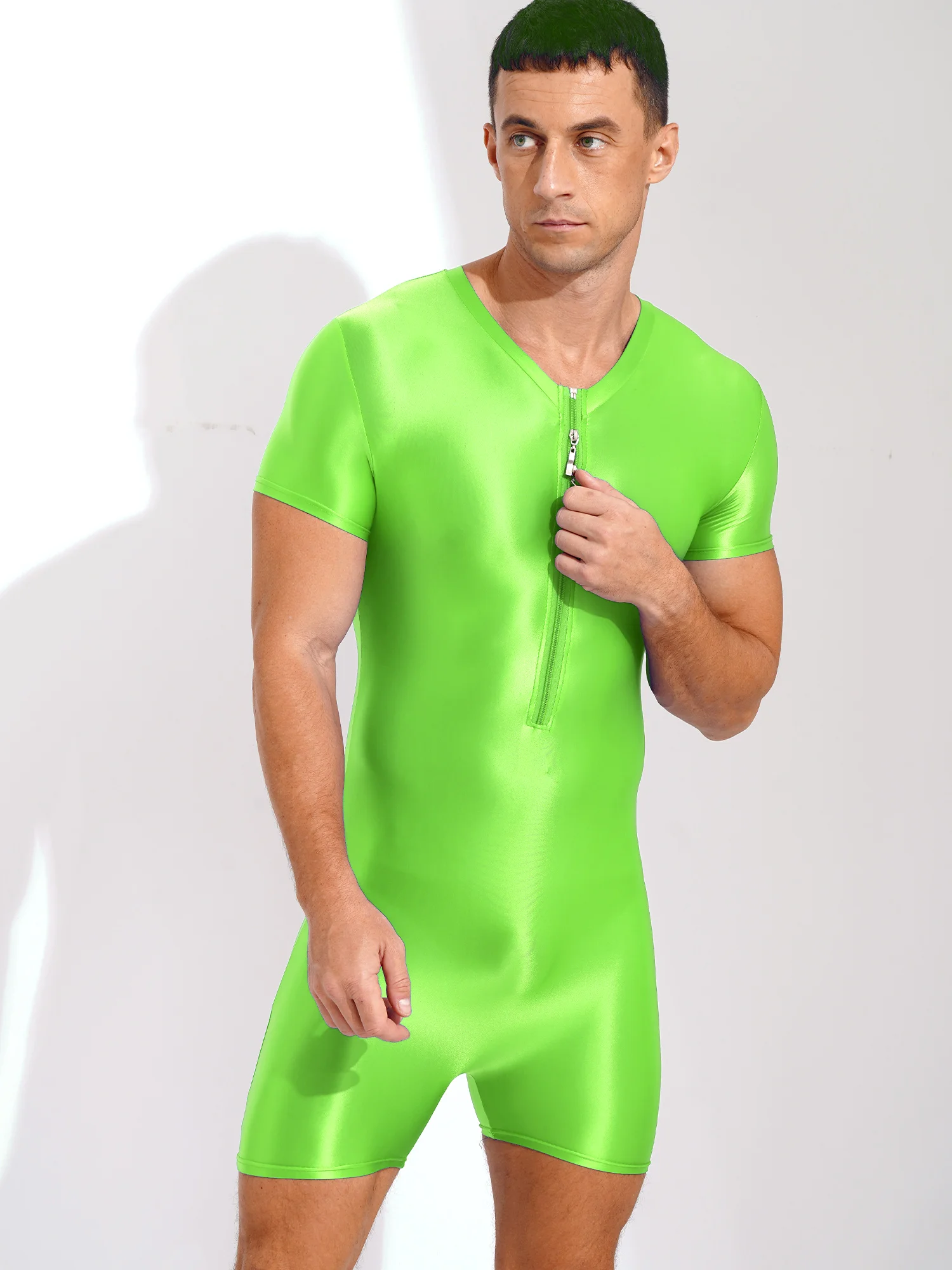 Men Glossy Stretchy Bodysuit Wrestling Singlet Swimwear Bodybuilding Bottoms Shorty Jumpsuit Zipper Swimsuit Bathing Suit thumbnail 2