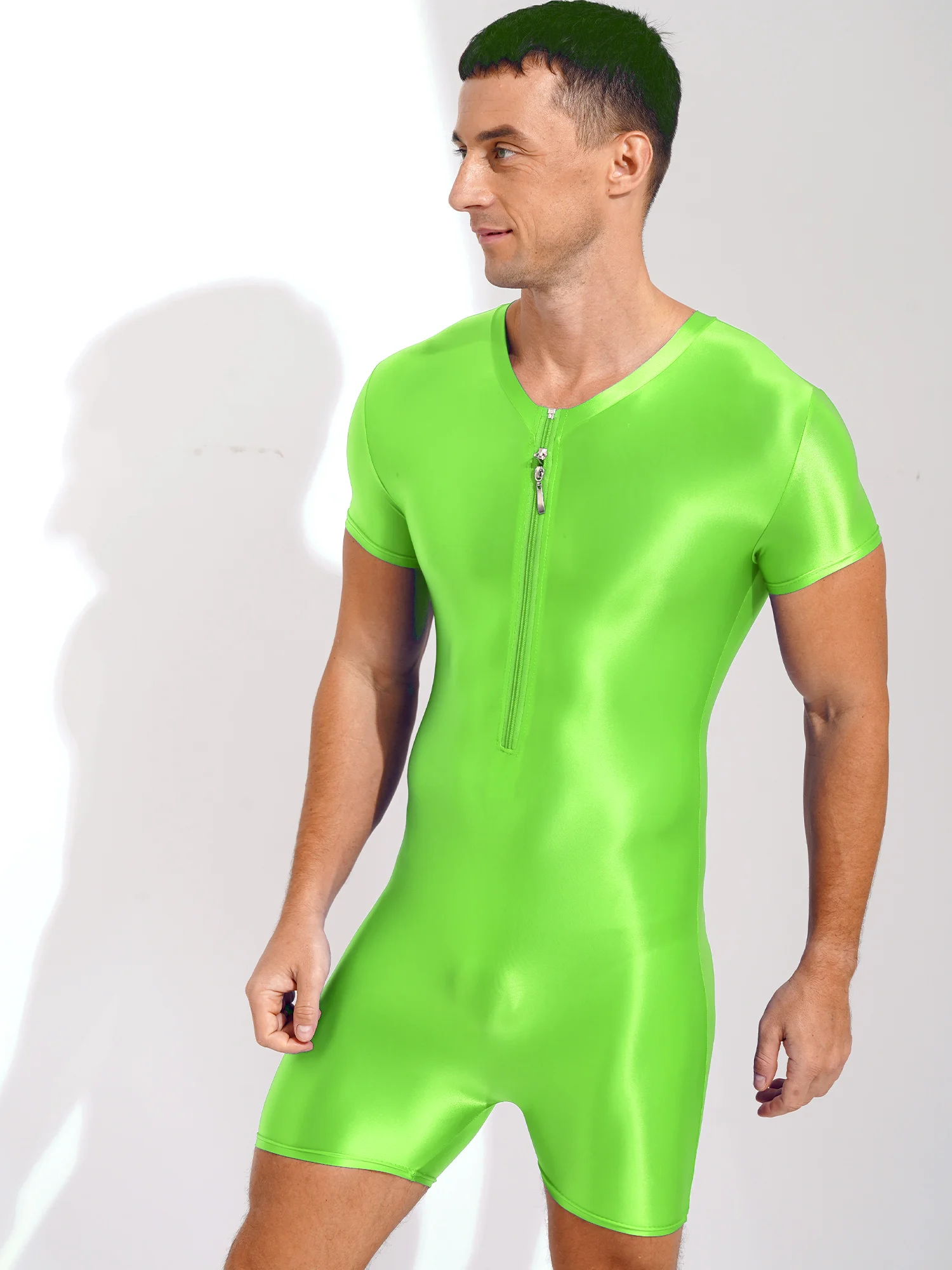 Men Glossy Stretchy Bodysuit Wrestling Singlet Swimwear Bodybuilding Bottoms Shorty Jumpsuit Zipper Swimsuit Bathing Suit thumbnail 4