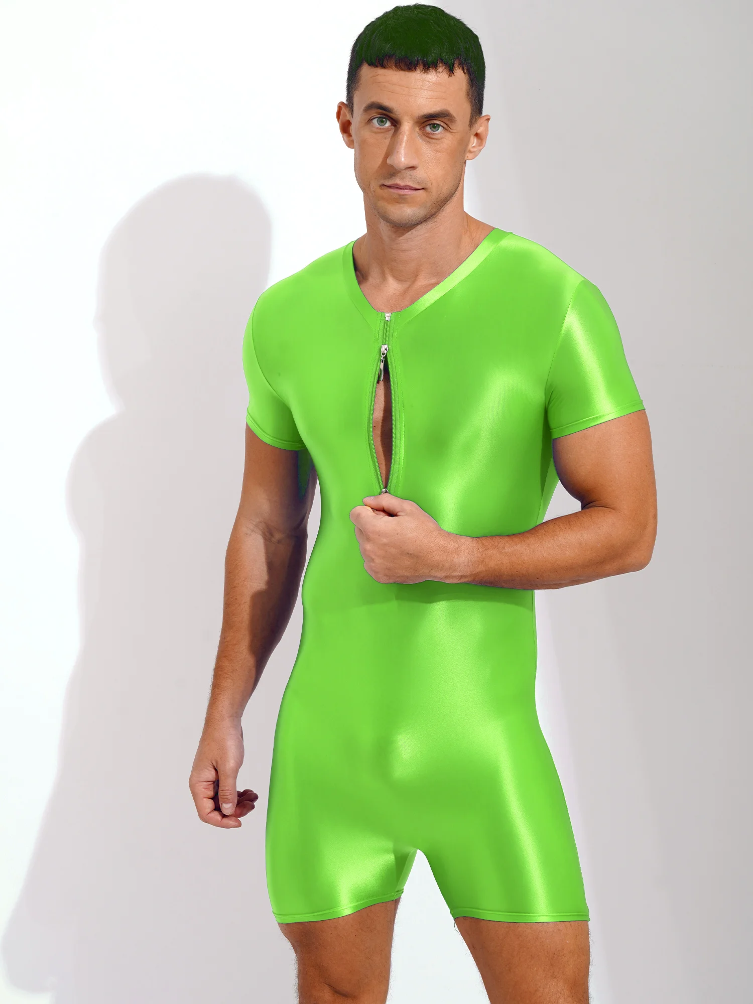 Men Glossy Stretchy Bodysuit Wrestling Singlet Swimwear Bodybuilding Bottoms Shorty Jumpsuit Zipper Swimsuit Bathing Suit thumbnail 3