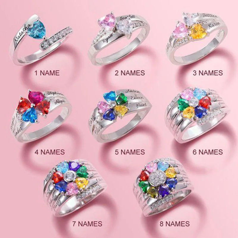 Personalized 1-8 Birthstone Rings Family Mothers Cubic Zirconia Ring Custom Engraved Name Rings Jewelry for Women Grandma Couple thumbnail 3