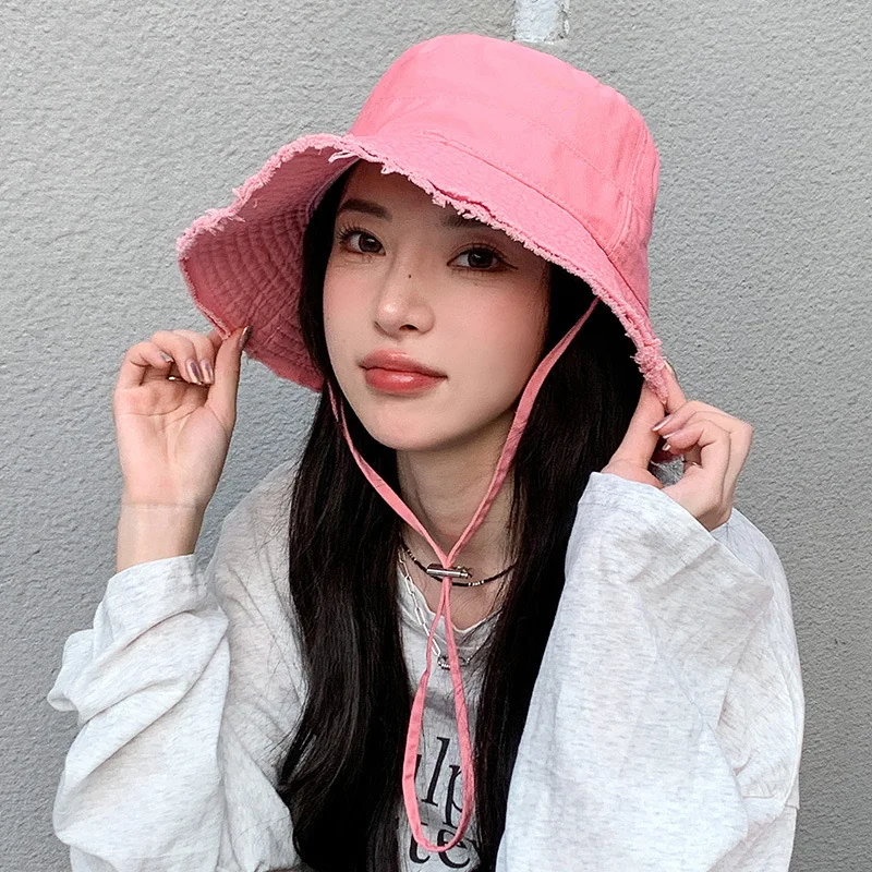 Summer Fisherman Cap for Women Korean Pink Large-Brimmed Bucket Hat Outdoor Beach Travel Sunshade Panama Hats thumbnail 2