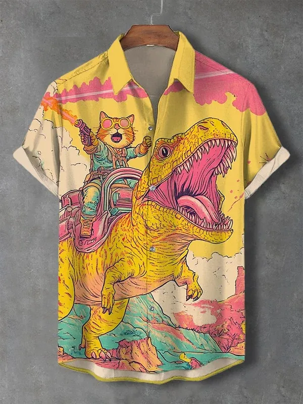 Men's Cat Graphics Shirts Short Sleeved Button Down Lapel Shirt For Summer Oversized Tops Vacation Casual Hawaiian Shirts thumbnail 2