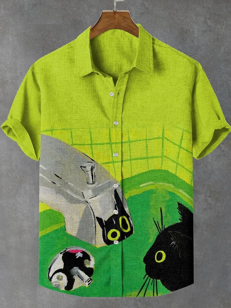 Men's Cat Graphics Shirts Short Sleeved Button Down Lapel Shirt For Summer Oversized Tops Vacation Casual Hawaiian Shirts thumbnail 5