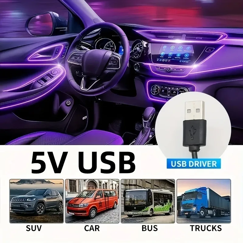 5M Car Environment El Wire LED USB Flexible Neon Interior Lights Car Decorative Accessories thumbnail 3