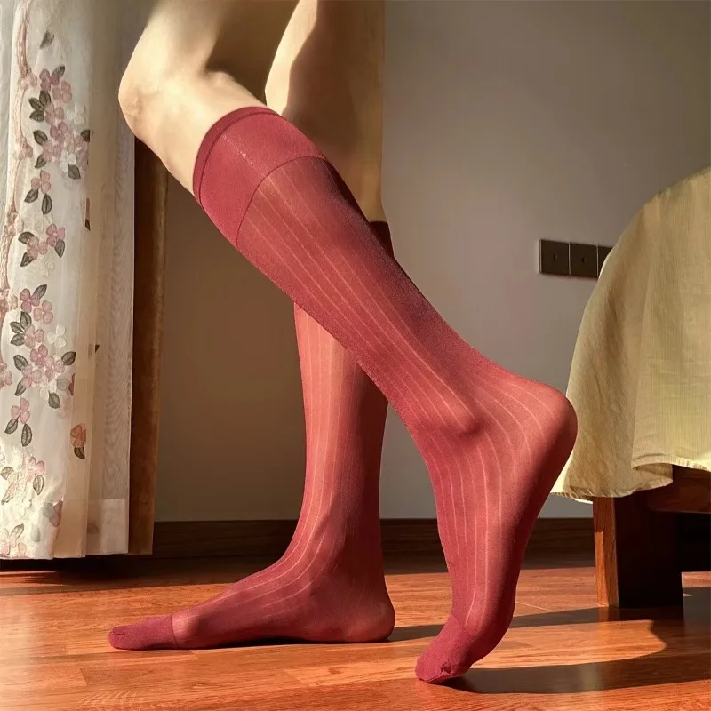 Man Long Silk Socks Business Thin Nylon Striped Breathable Soft Elastic Below Knee Calf Formal Wear Crew Socks Gentleman thumbnail 5