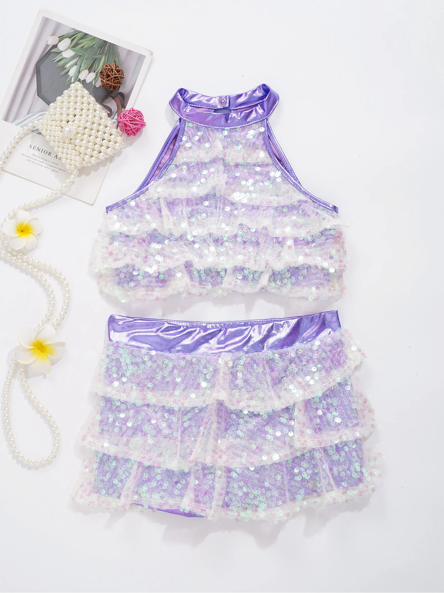 Children Jazz Dance Costumes Kids Girls Shiny Sequins Dancewear Sets Crop Top + Skirt Hip Hop Clothes Ballroom Performance Wear thumbnail 3