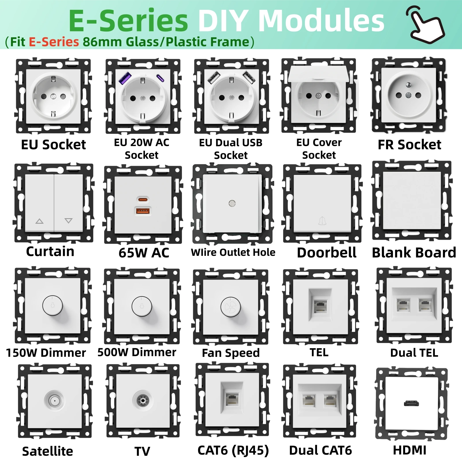 BSEED WIFI Click Switch Modules Smart Light Switch Parts White Glass Frame DIY Combination Wall Sockets USB Charge Key E-Series thumbnail 3