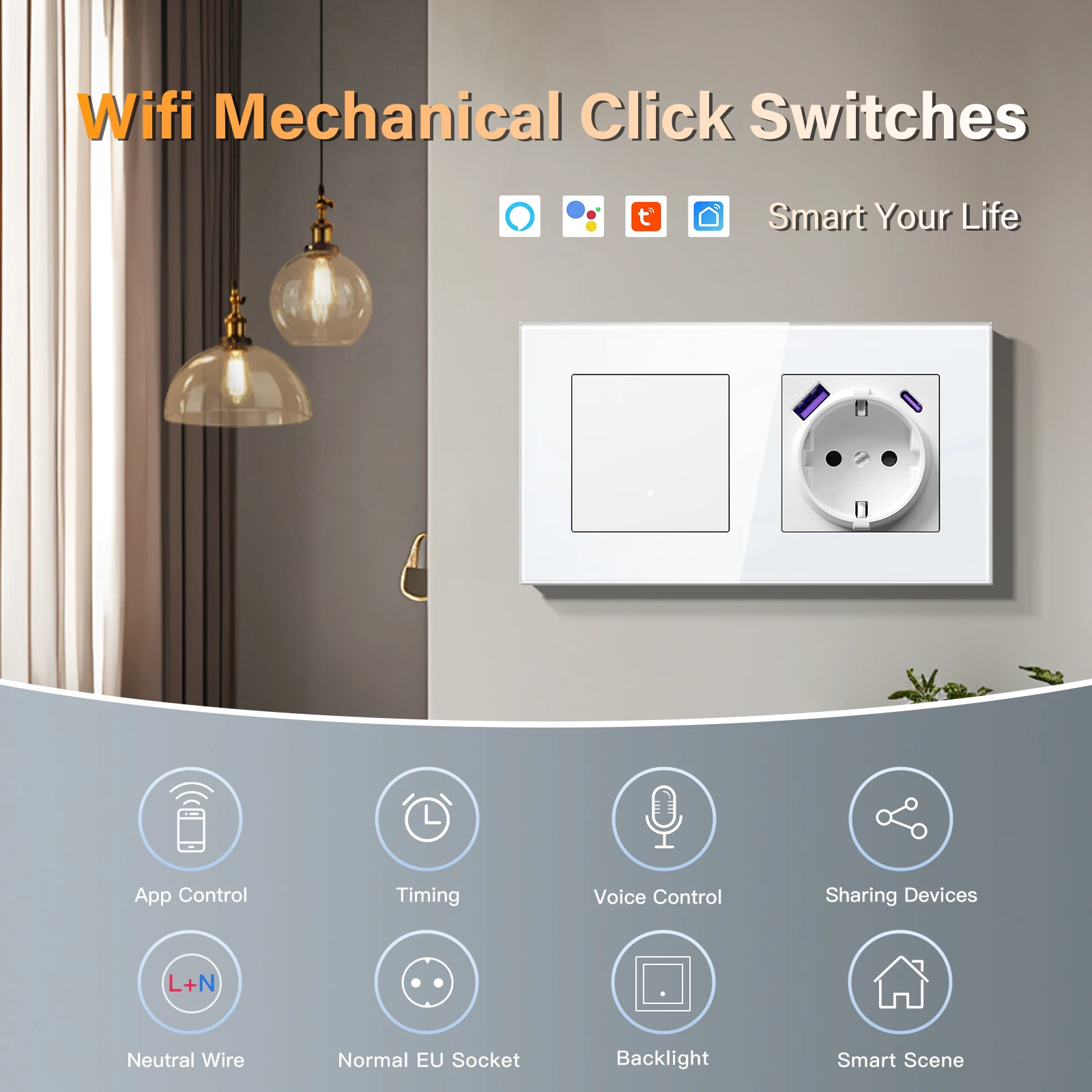 BSEED WIFI Click Switch Modules Smart Light Switch Parts White Glass Frame DIY Combination Wall Sockets USB Charge Key E-Series thumbnail 5