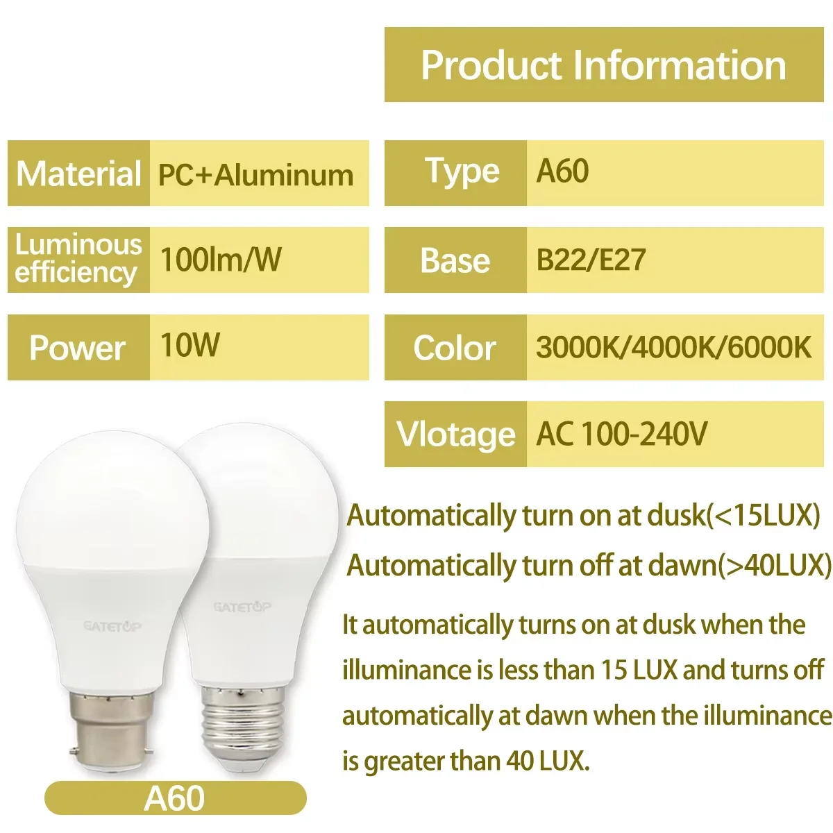 1-10pcs AC110V/220V 10W LED Bulb with Light Sensor,E27/B22 Base, Ideal for Underground Garage Corridor Entrances Bright at night thumbnail 3