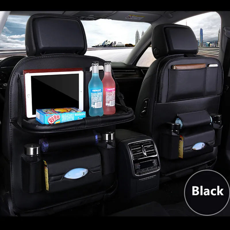 Car Seat Back Organizer with Foldable Table Tray PU Leather Storage Organizer Pockets Kick Mats Seat Interior Accessories