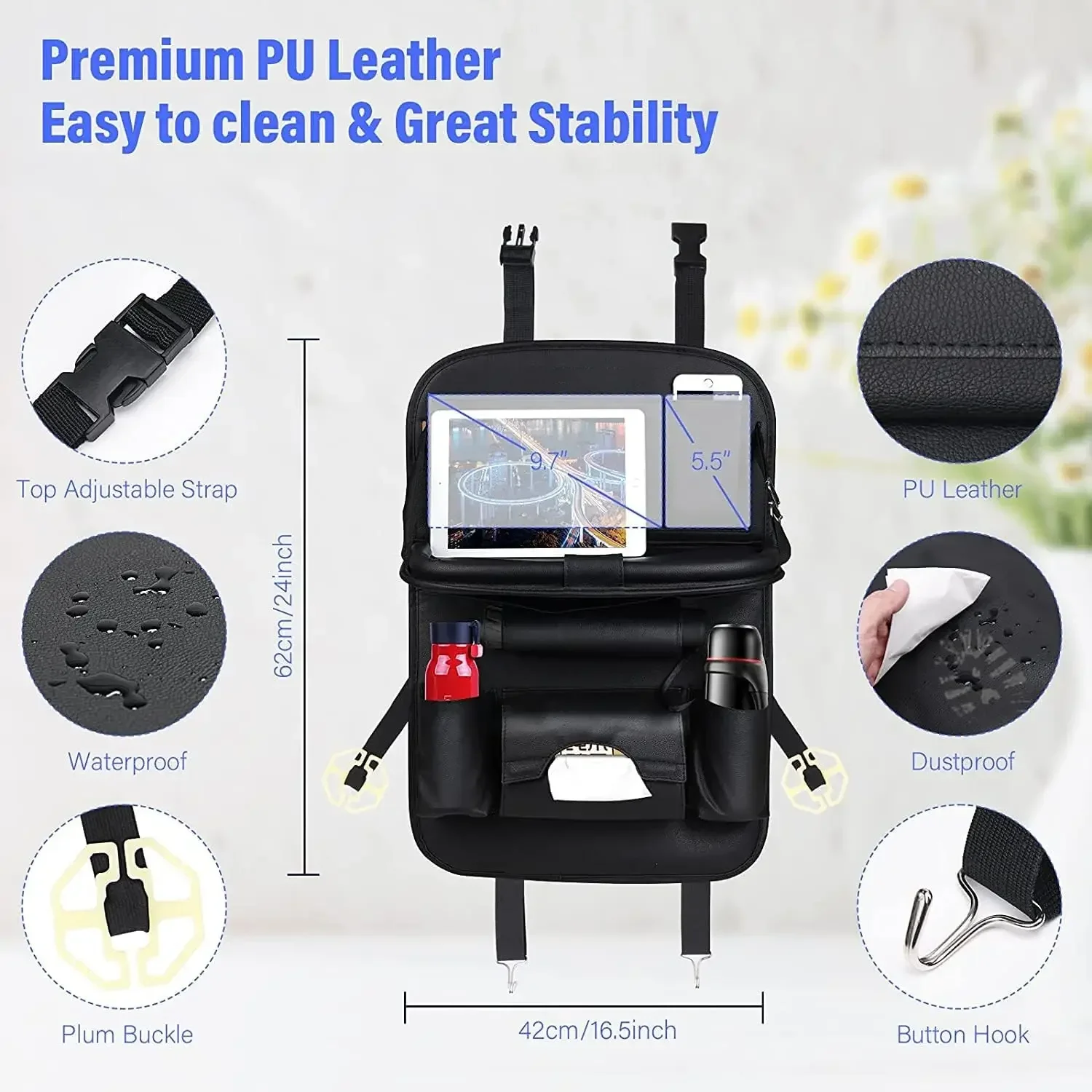 Car Seat Back Organizer with Foldable Table Tray PU Leather Storage Organizer Pockets Kick Mats Seat Interior Accessories thumbnail 6