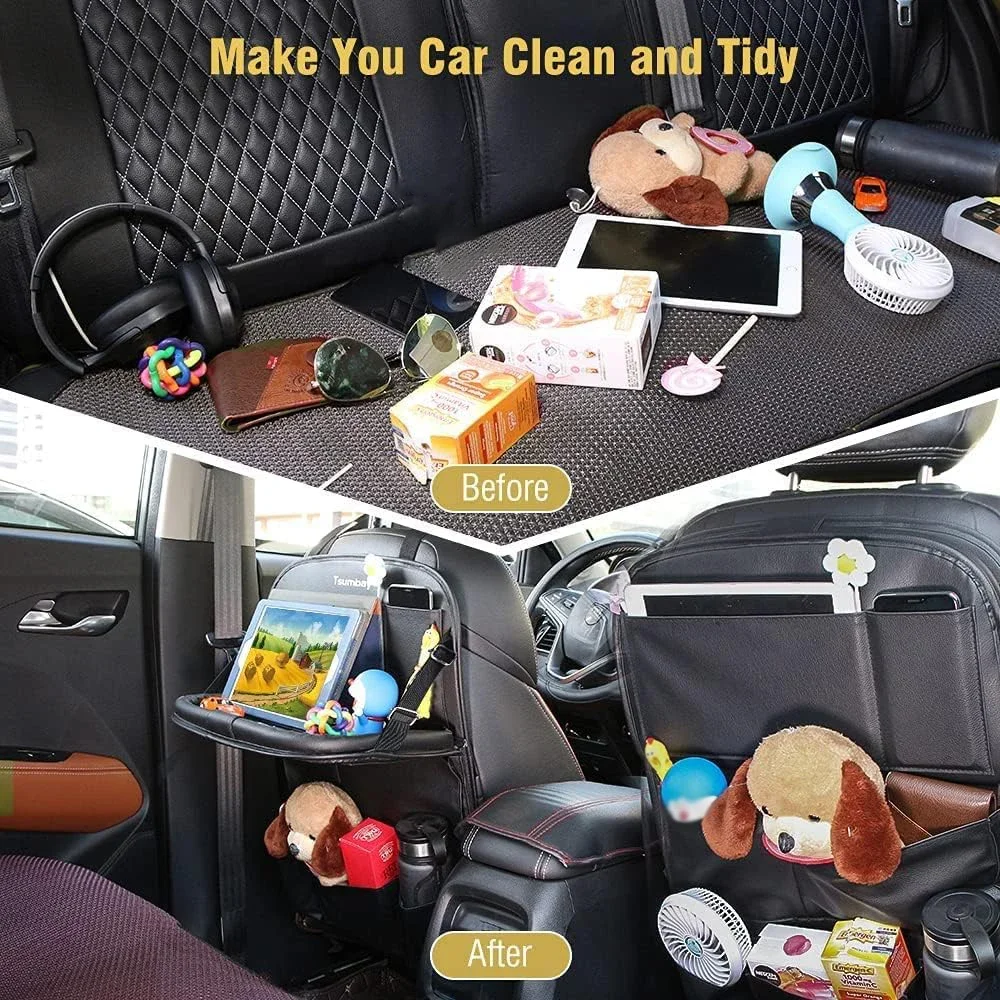 Car Seat Back Organizer with Foldable Table Tray PU Leather Storage Organizer Pockets Kick Mats Seat Interior Accessories thumbnail 5