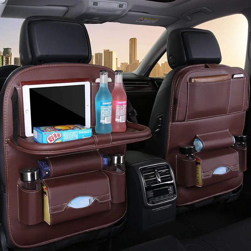Car Seat Back Organizer with Foldable Table Tray PU Leather Storage Organizer Pockets Kick Mats Seat Interior Accessories thumbnail 2