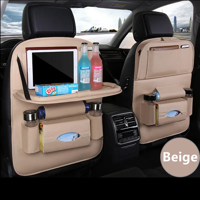 Car Seat Back Organizer with Foldable Table Tray PU Leather Storage Organizer Pockets Kick Mats Seat Interior Accessories thumbnail 3