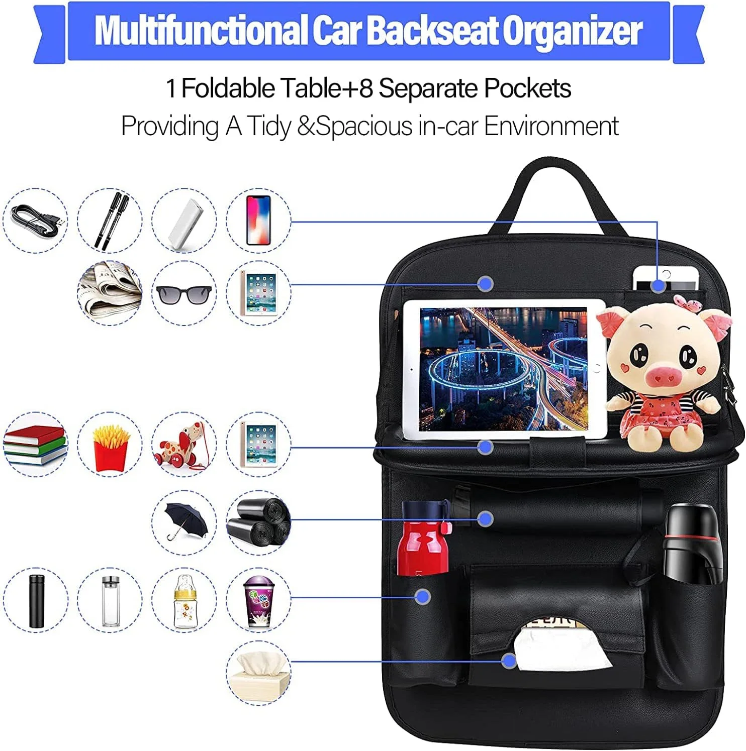 Car Seat Back Organizer with Foldable Table Tray PU Leather Storage Organizer Pockets Kick Mats Seat Interior Accessories thumbnail 4