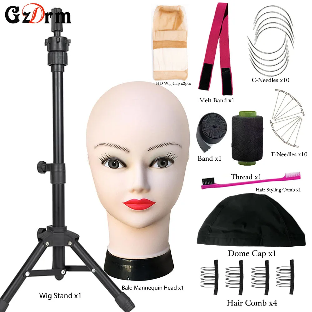 Adjustable Tripod Wig Stand With Bald Mannequin Head Training Manikin Head And Wig Install Kit For Making Wigs Display Styling thumbnail 2