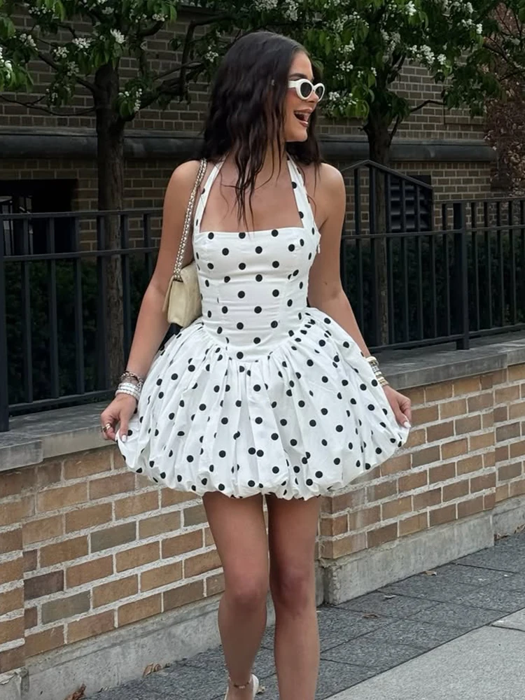 TARUXY Polka Dot Vacation Mini Dress For Women  High Waist A-line Ball Gown Dress Sleeveless Halter Neck Female Summer Fashion thumbnail 2