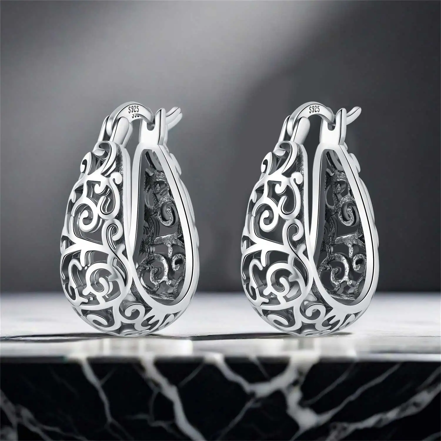 Original 925 Sterling Silver Classic Hollow-out Versatile Hoop Earrings for Women Fine Retro Jewelry Wedding Birthday Party Gift thumbnail 2