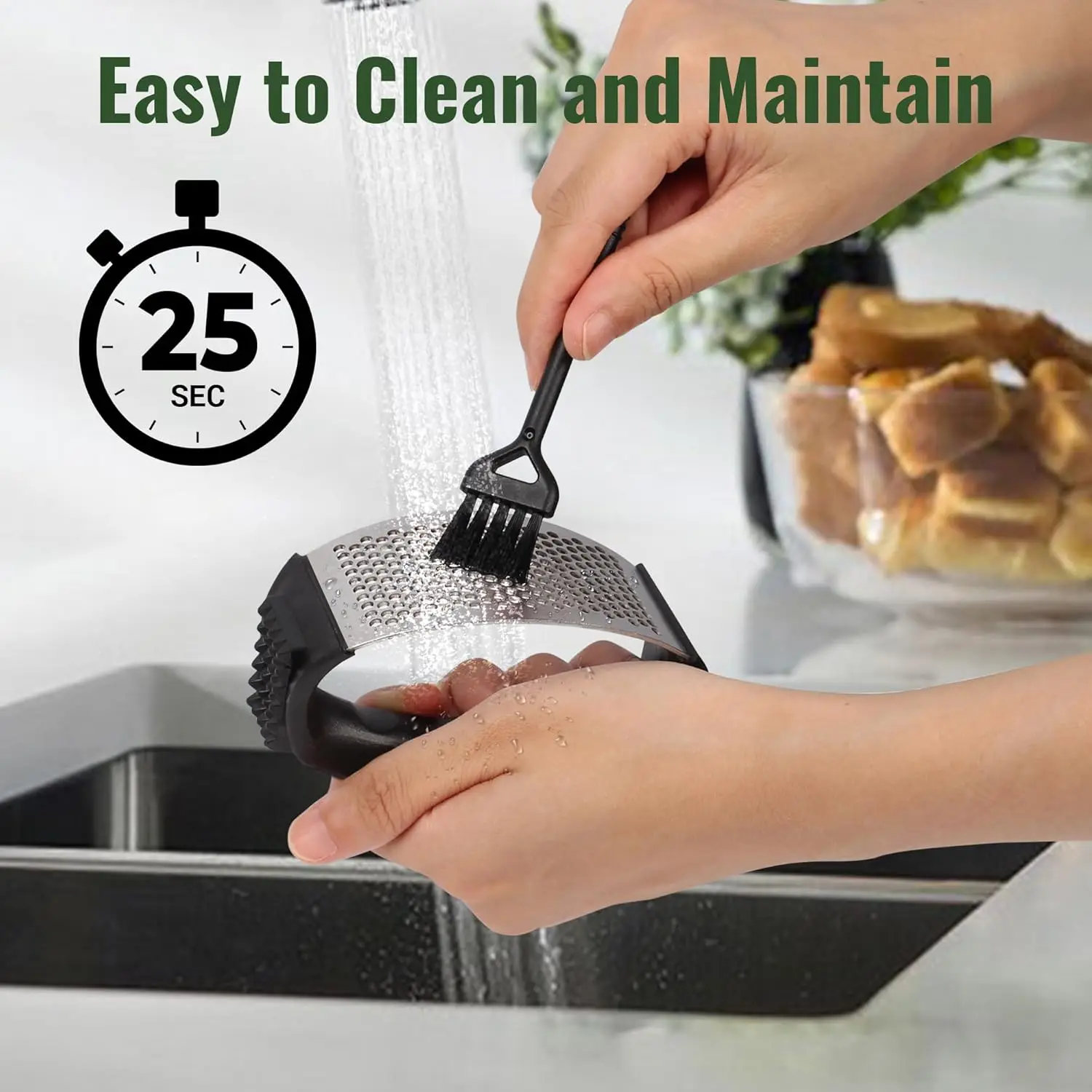 Garlic Press Rocker Stainless Steel Garlic Mincer Garlic Crusher Easy-Squeeze Tool with Peeler and Cleaning Brush for Smashing thumbnail 6