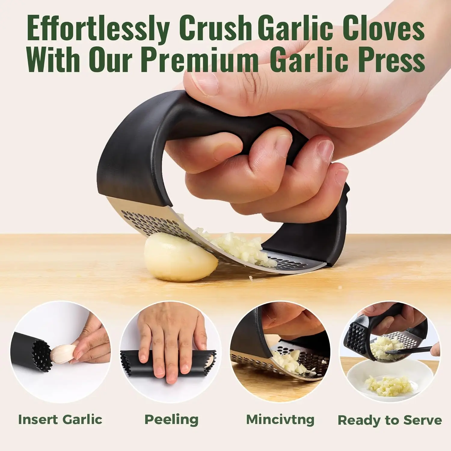 Garlic Press Rocker Stainless Steel Garlic Mincer Garlic Crusher Easy-Squeeze Tool with Peeler and Cleaning Brush for Smashing thumbnail 2