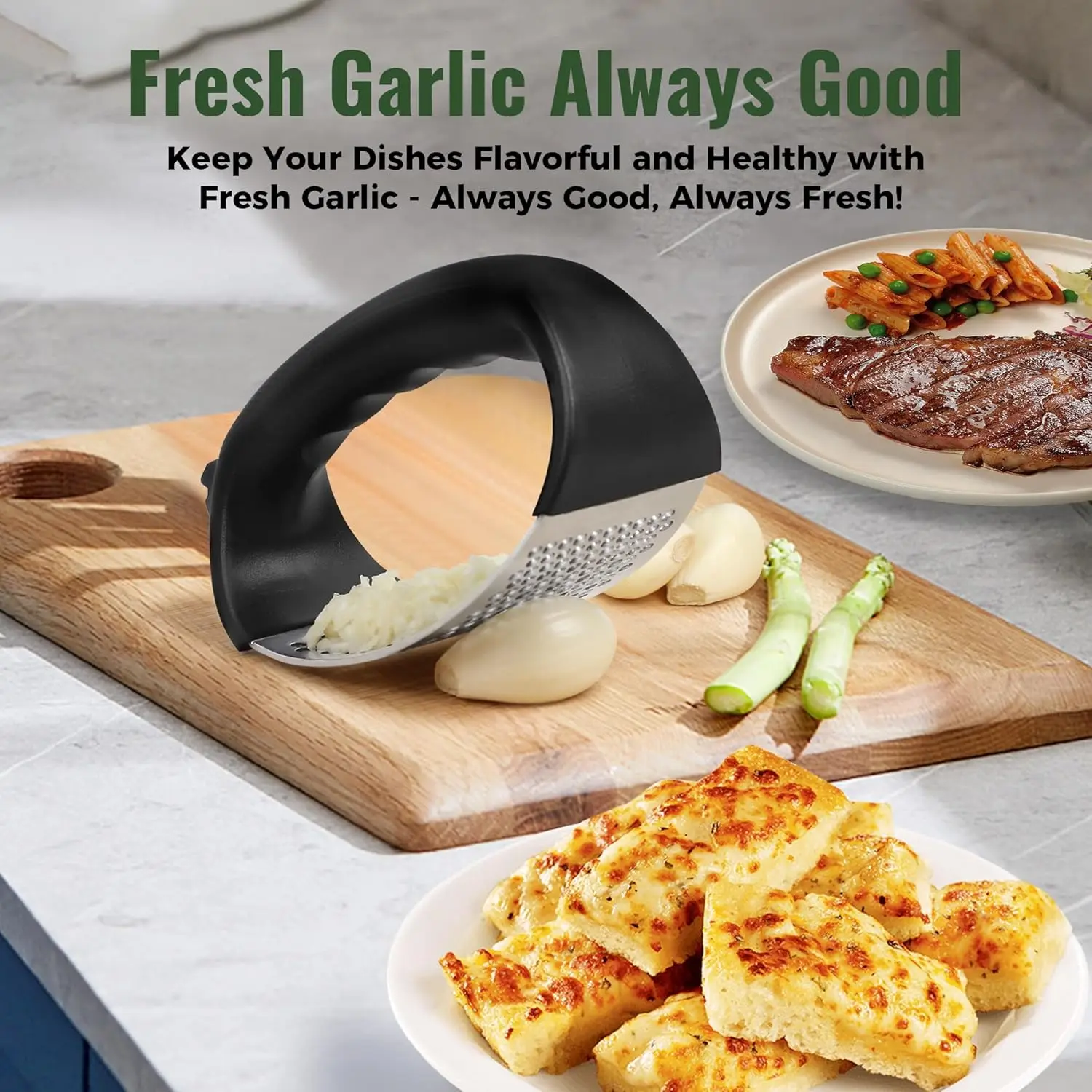 Garlic Press Rocker Stainless Steel Garlic Mincer Garlic Crusher Easy-Squeeze Tool with Peeler and Cleaning Brush for Smashing thumbnail 5