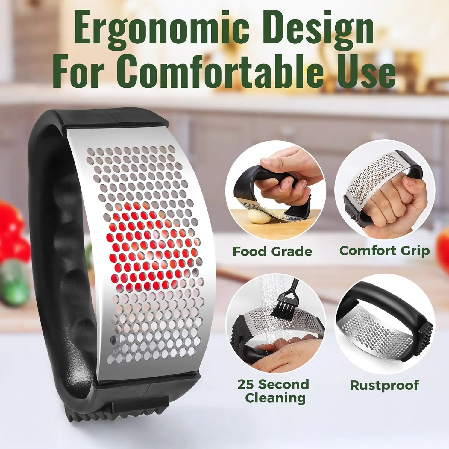 Garlic Press Rocker Stainless Steel Garlic Mincer Garlic Crusher Easy-Squeeze Tool with Peeler and Cleaning Brush for Smashing thumbnail 4