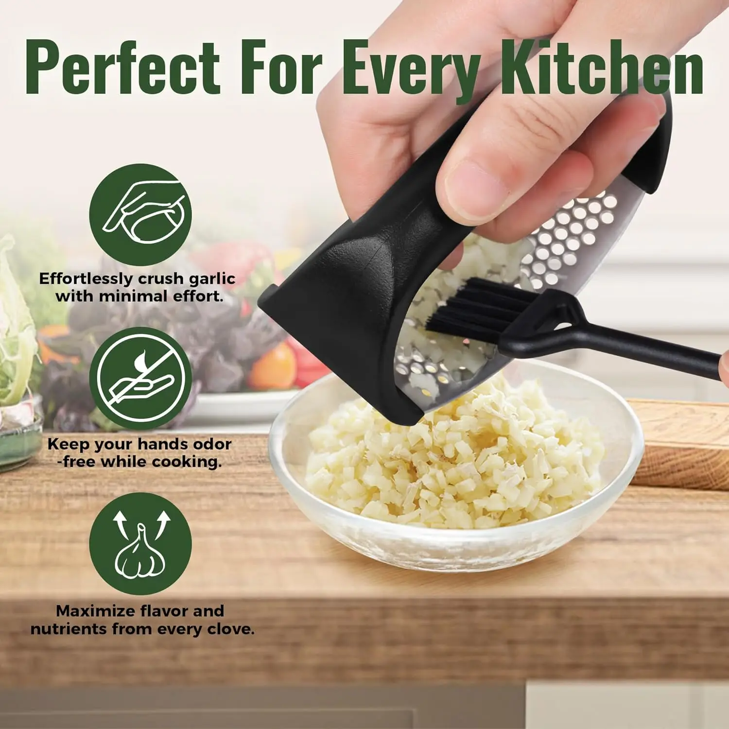 Garlic Press Rocker Stainless Steel Garlic Mincer Garlic Crusher Easy-Squeeze Tool with Peeler and Cleaning Brush for Smashing thumbnail 3