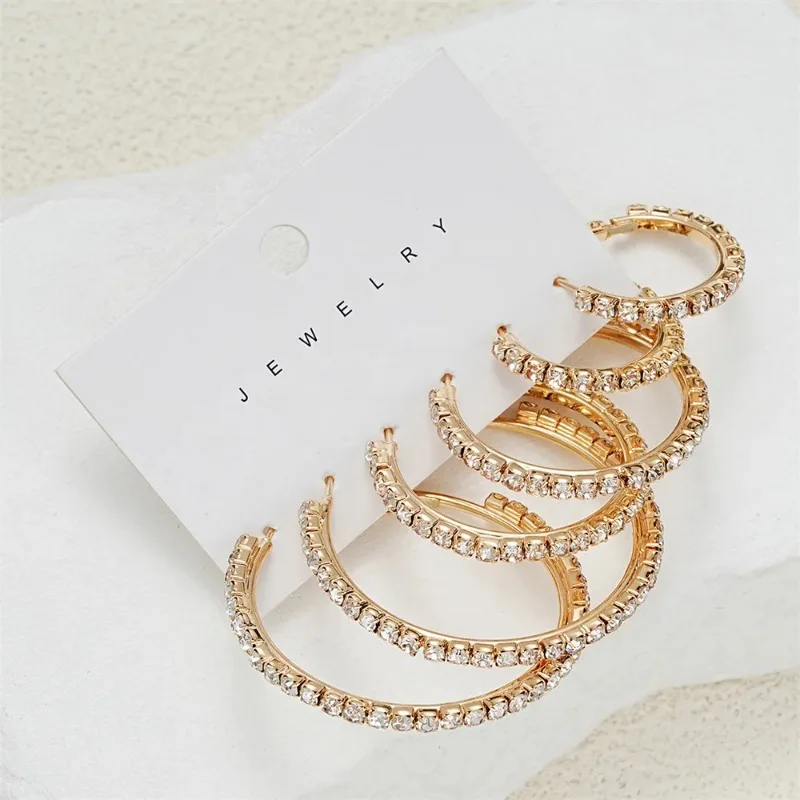 1-3 Pairs Set Sparkling Exaggerated Full Paved Rhinestones Round Circle Hoop Earrings for Women Simple Shiny Earring Jewelry thumbnail 4