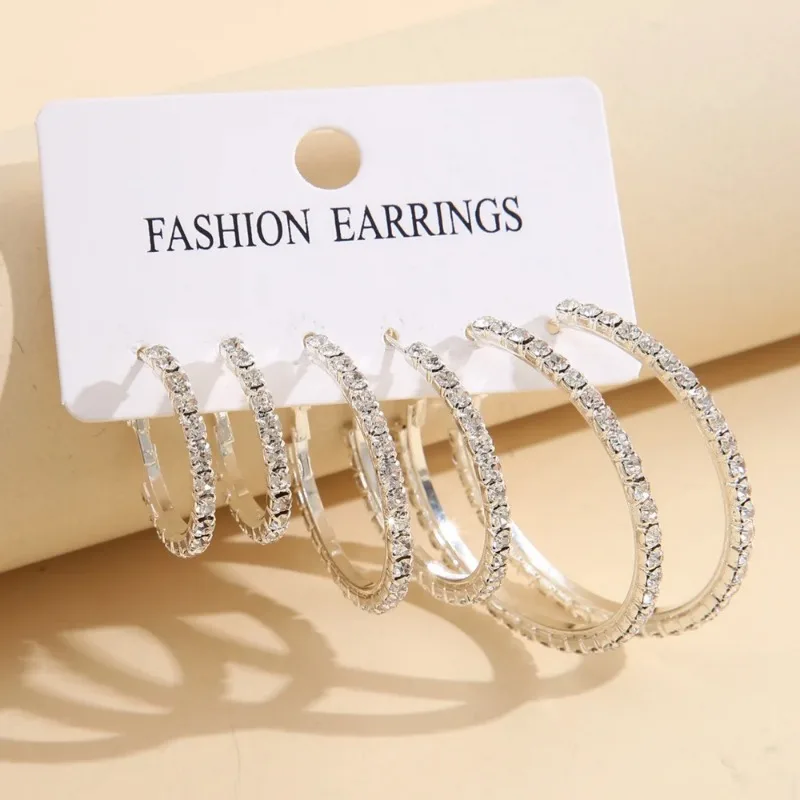 1-3 Pairs Set Sparkling Exaggerated Full Paved Rhinestones Round Circle Hoop Earrings for Women Simple Shiny Earring Jewelry thumbnail 5