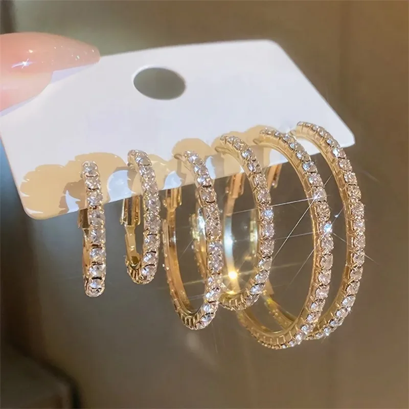 1-3 Pairs Set Sparkling Exaggerated Full Paved Rhinestones Round Circle Hoop Earrings for Women Simple Shiny Earring Jewelry thumbnail 3