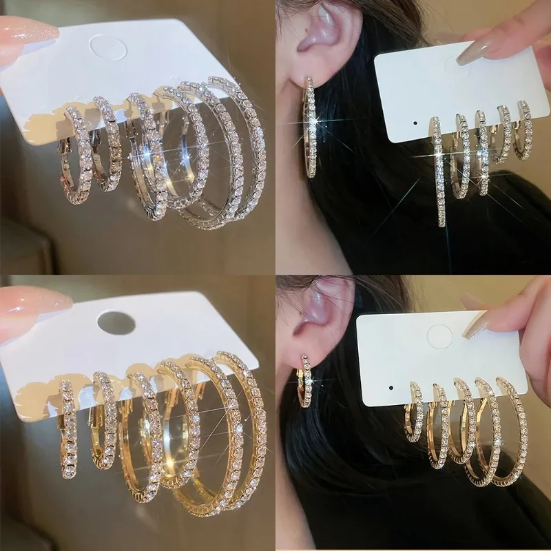1-3 Pairs Set Sparkling Exaggerated Full Paved Rhinestones Round Circle Hoop Earrings for Women Simple Shiny Earring Jewelry thumbnail 2