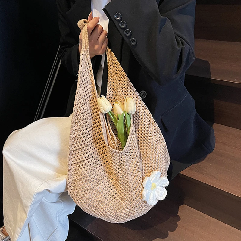 Trendy Hollow Out Weave Straw Bag Bohemian Style Beach Handbag Hollow Tote Bag Large Capacity Lazy Style Beach Bag Shopping thumbnail 5