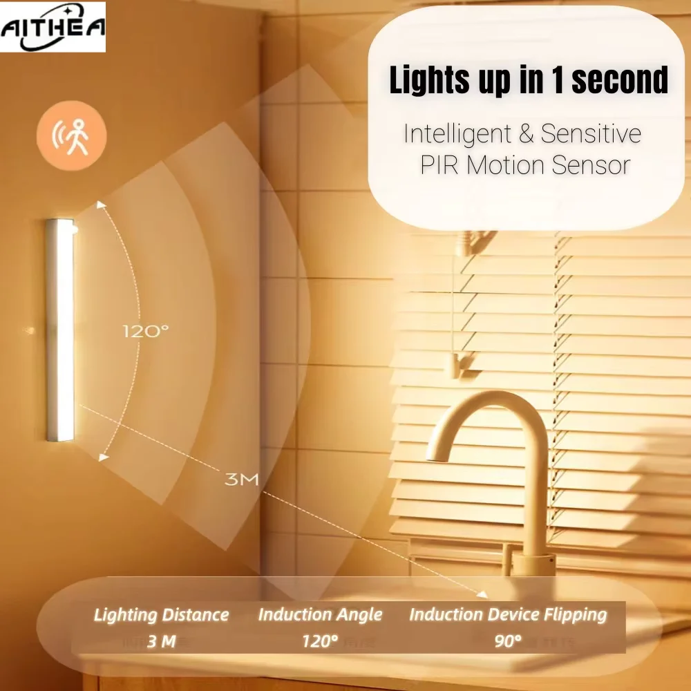 AITHEA Rechargeable Motion Sensor LED Cabinet Light Induction Night Light Portable Bar Lamp for Bedside Wardrobe Closet Aisle thumbnail 2