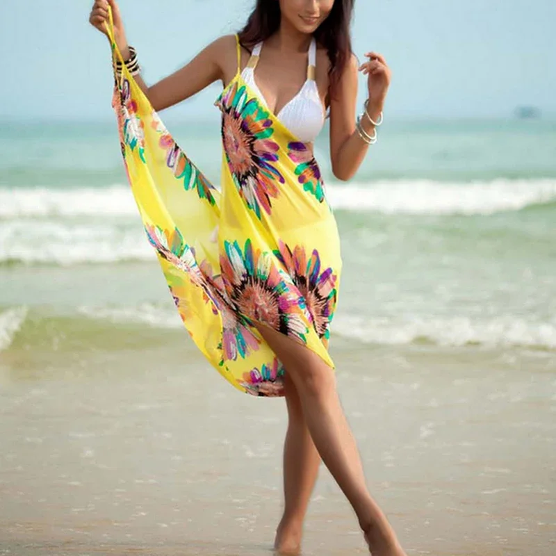 Printed Cover-ups Sexy Beach Dress Women Halter Sling Chiffon Beach Towel Bikini Wrap Pareo Skirts Open-Back Swimwear thumbnail 2