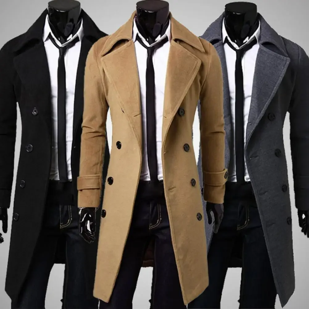 Simple Trench Coat  Double-breasted Male Men Coat  Coldproof Pure Color Jacket thumbnail 5