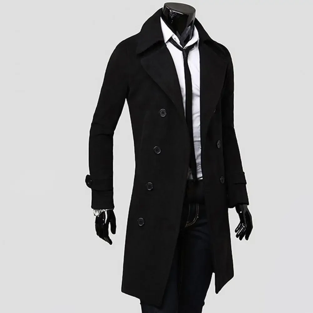 Simple Trench Coat  Double-breasted Male Men Coat  Coldproof Pure Color Jacket thumbnail 6